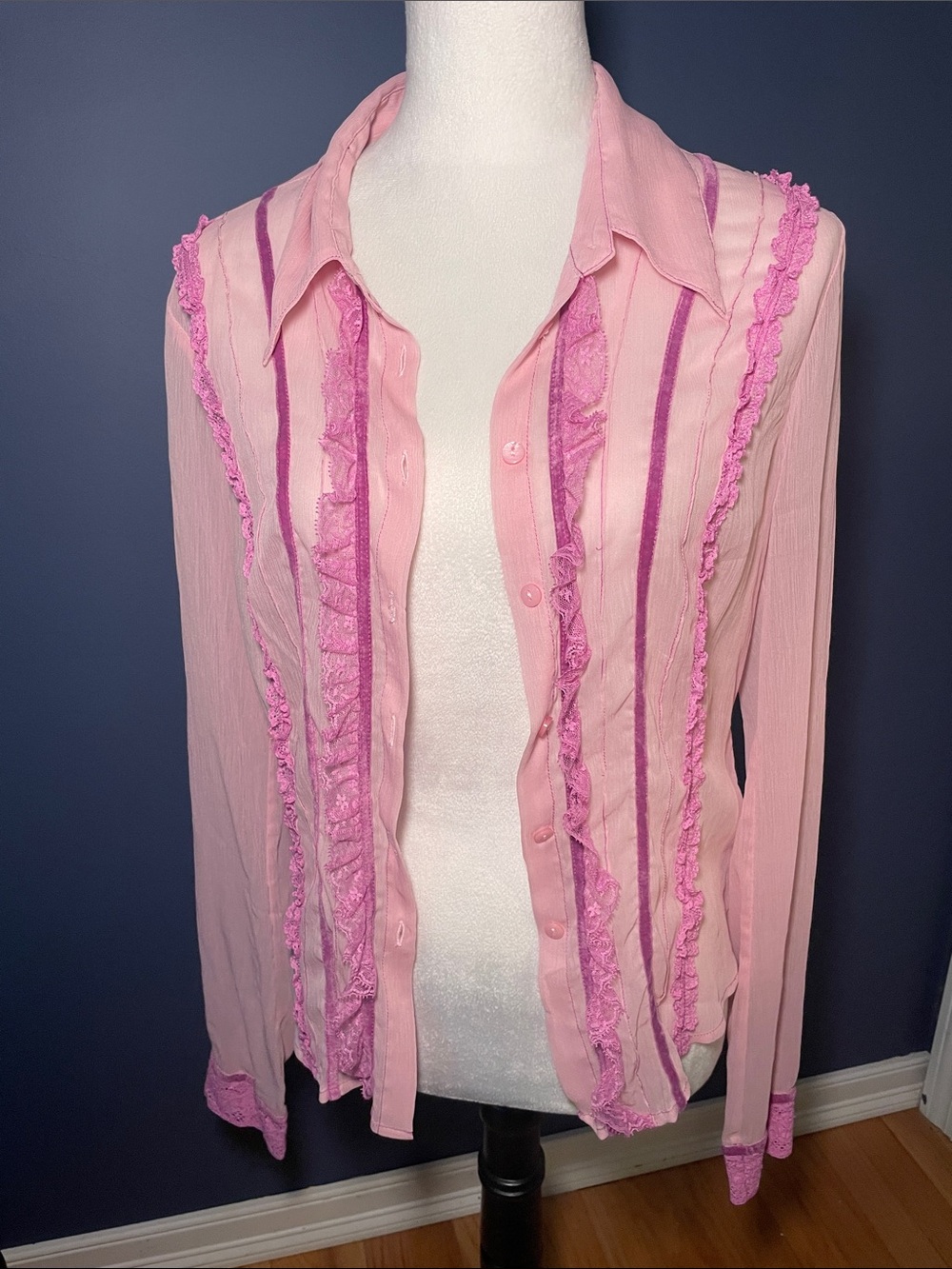Urban Outfitters Pink Sheer Ruffle-Trim Button Down